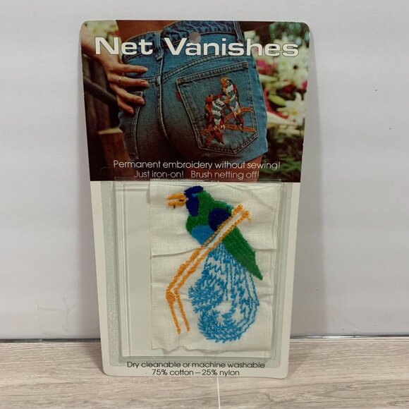 Vintage Iron On Net Vanishes Permanent Embroidery Bird Applique Patch NOS - Picture 1 of 7
